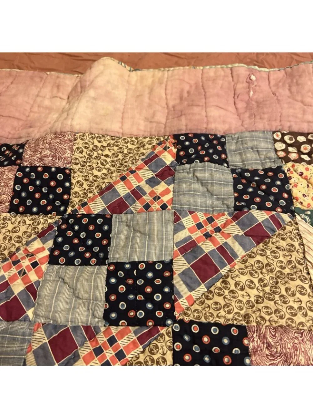 Quilt Vintage HANDMADE PIECE 76x76.5” BLOCKs & Triangles Wellloved showing it